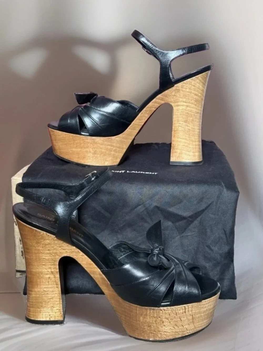 Saint Laurent Candy Black Leather Wooden Platform Sandals 38/8 US